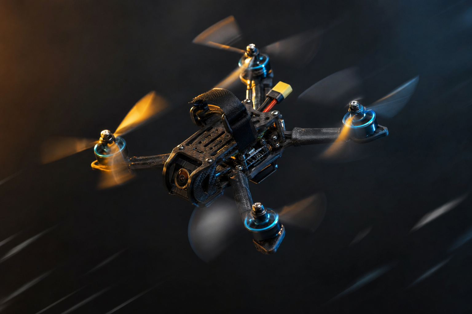 FPV racing-style drone frozen mid-flight against a dark background