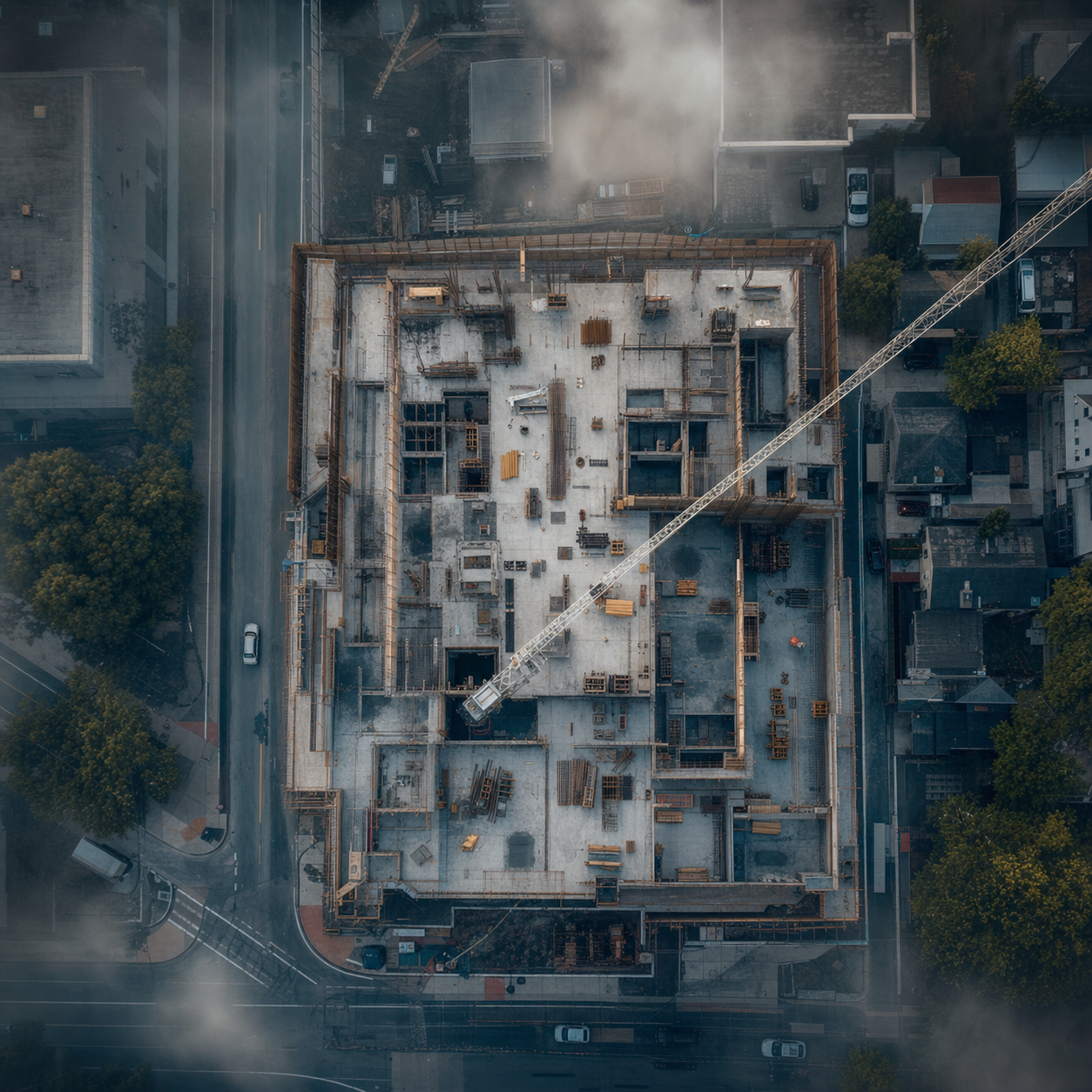 Straight-down aerial photograph of a mid-rise construction site