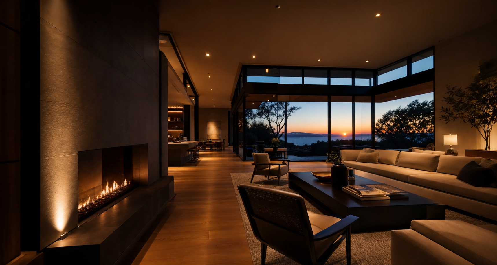 Cinematic FPV interior flythrough of a modern luxury home living room at sunset
