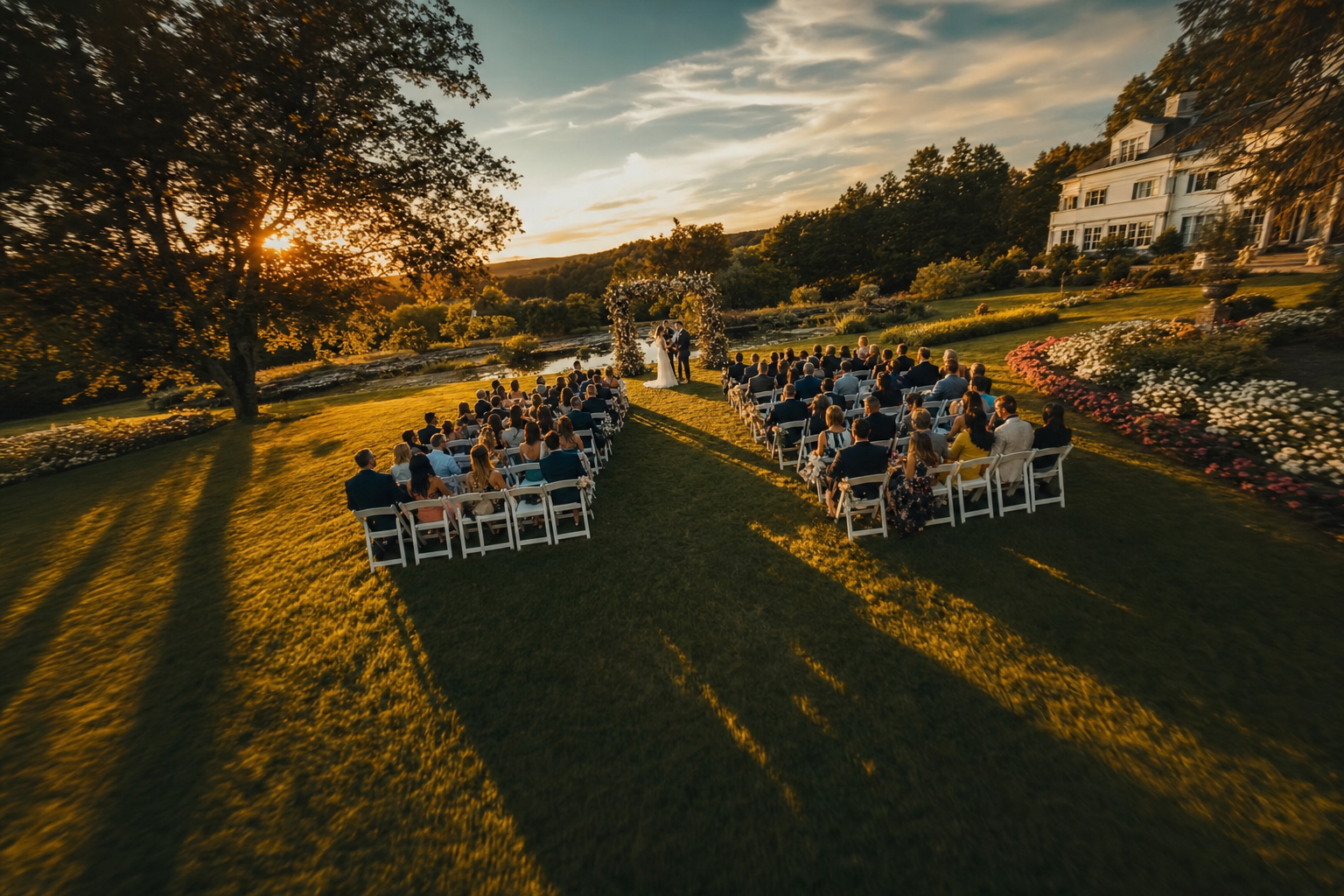 Aerial drone photograph of an outdoor wedding ceremony at golden hour on a tri-state area estate