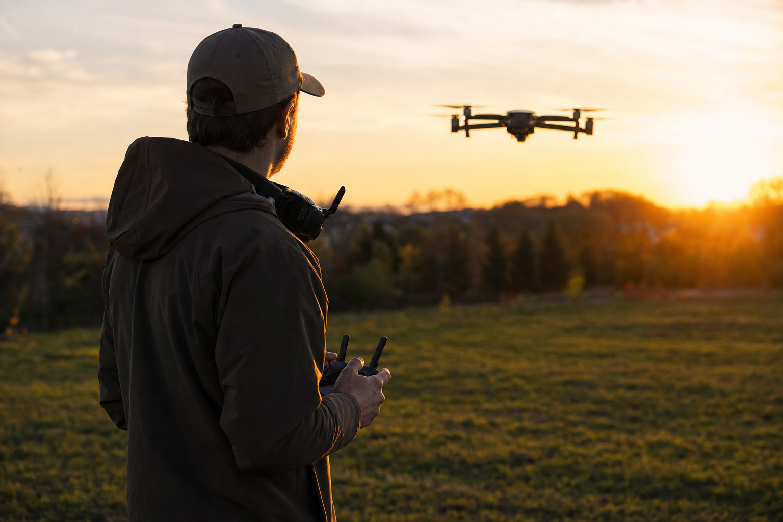 Drone pilot holding an FPV controller with a drone hovering nearby at golden hour